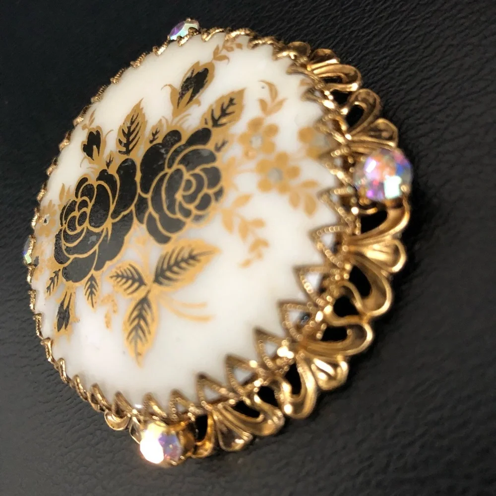 Large Vintage Rose Cameo w AB Crystals Brooch Pin